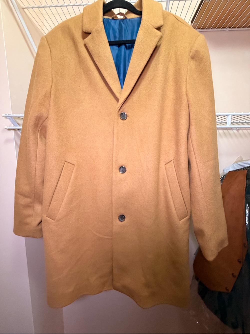 Old Navy Men's Camel Pea Coat with Blue Lining